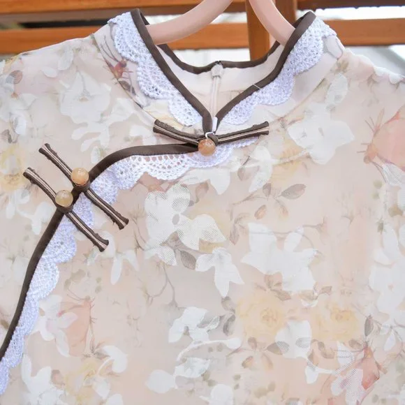 【SOLD】 Beige Chiffon Flora Qipao Long Dress - Chinese Traditional Cheongsam - Picture 6 of 6